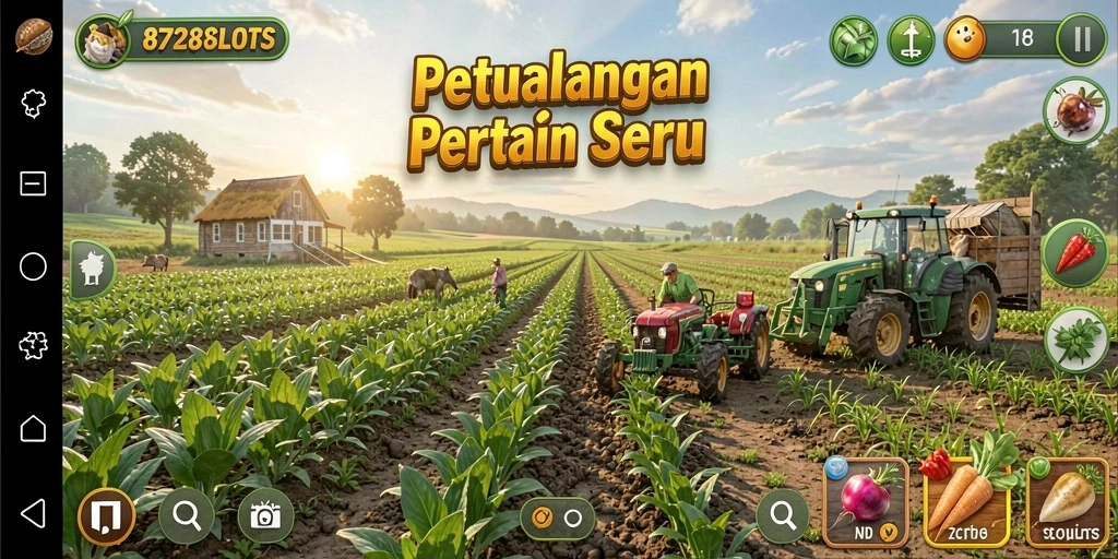 Tampilan gameplay seru dalam 8728SLOTS dengan berbagai aktivitas pertanian.