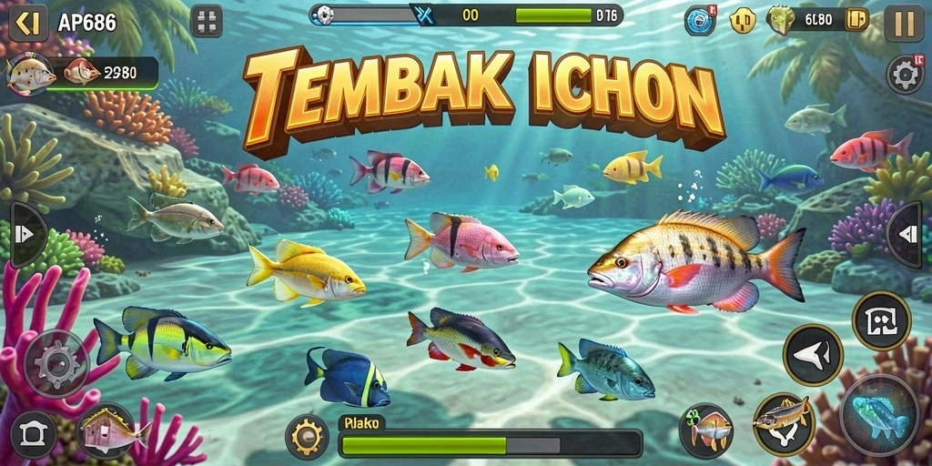 Tampilan gameplay menarik dalam AP686, menembak ikan berwarna-warni.