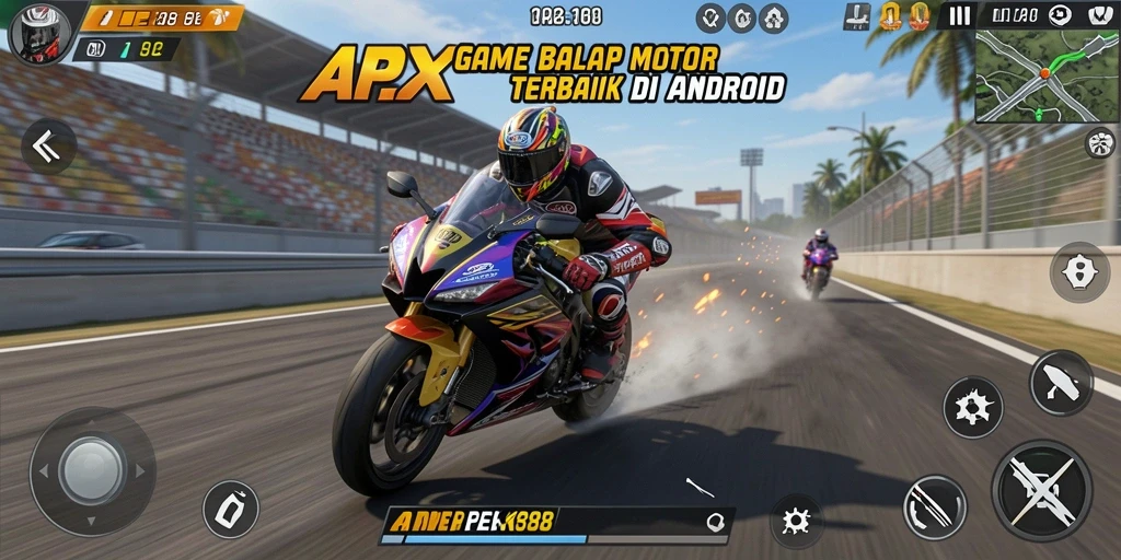Screenshot gameplay APEK88 menampilkan balapan motor yang mendebarkan.