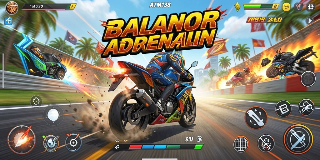 Screenshot gameplay <strong>ATM138</strong> menampilkan balapan motor yang seru di trek yang menantang.