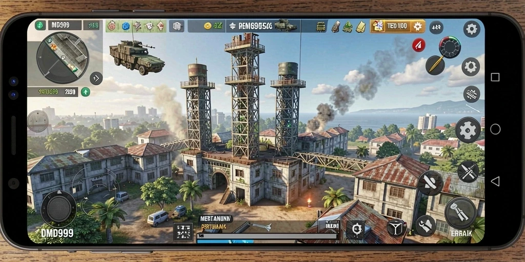 Tampilan gameplay DMD999 yang menegangkan dengan penempatan menara strategis.