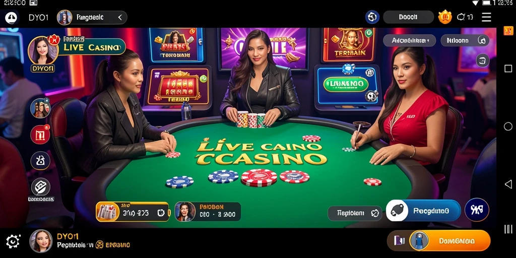 Screenshot DYO1 menampilkan dealer langsung dan permainan kasino interaktif.