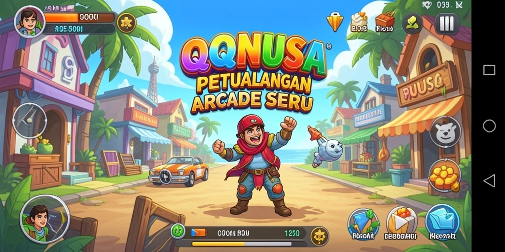 Screenshot menampilkan karakter utama QQNUSA dalam aksi seru di dunia arcade.