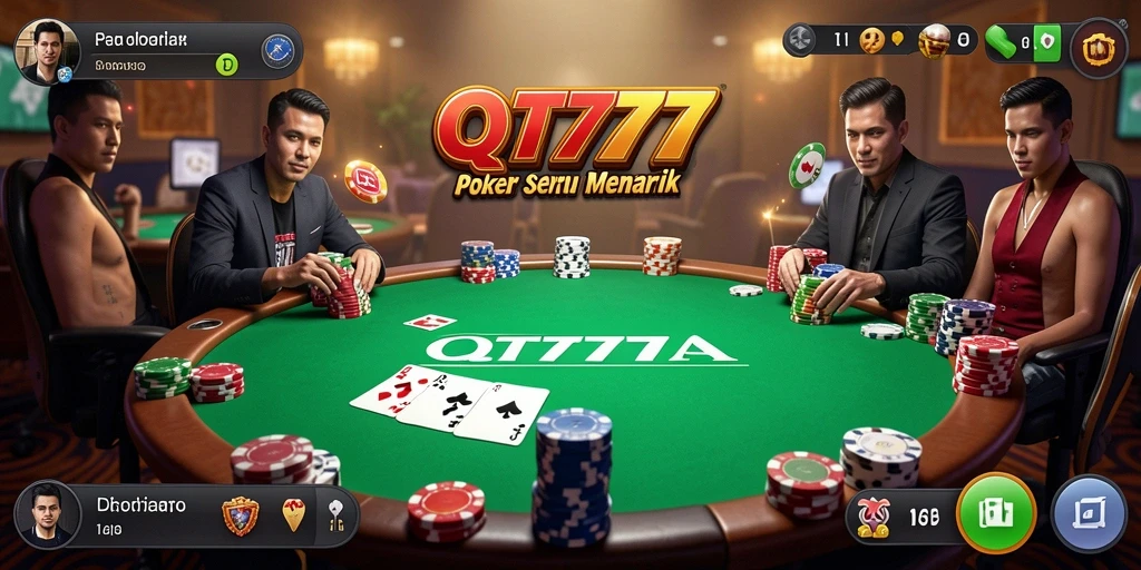 Screenshot menunjukkan gameplay seru dari QT777 dengan pemain yang terlibat dalam permainan poker.