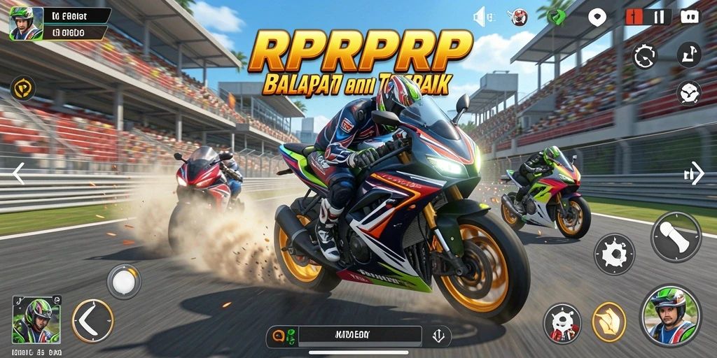 Screenshot gameplay RPRPRP yang menunjukkan aksi balapan motor yang mendebarkan.