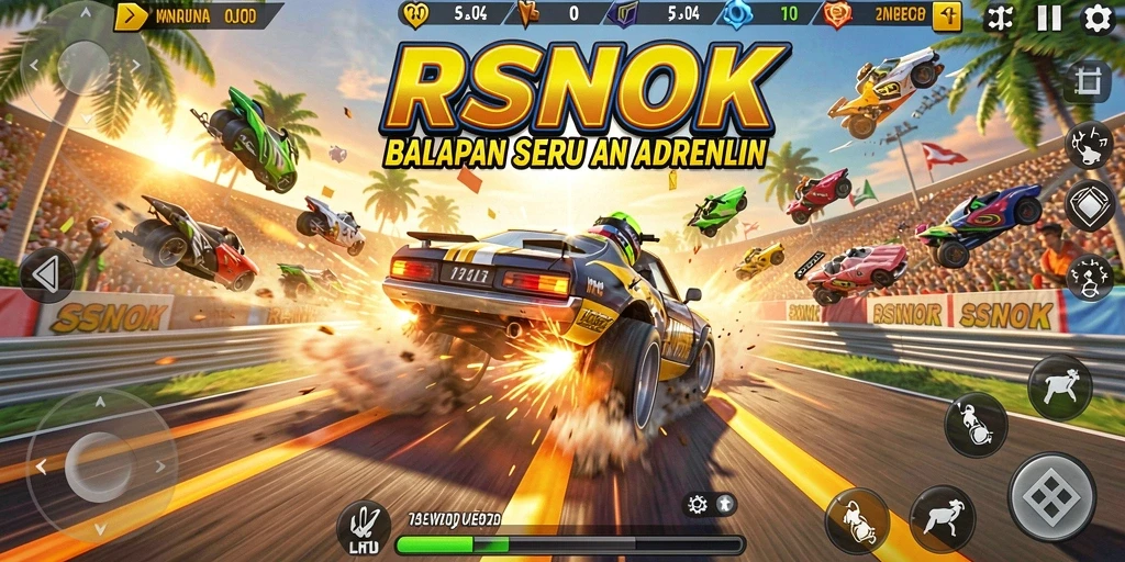 Tampilan gameplay yang menegangkan dalam RSNOK saat balapan di lintasan.