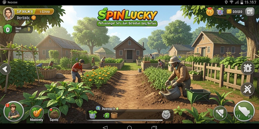 Screenshot gameplay SPINLUCKY dengan kebun yang subur dan berbagai tanaman.