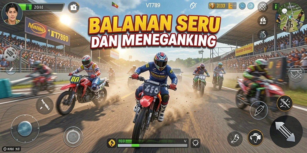 Screenshot utama VT789 menampilkan aksi balapan seru di berbagai trek.